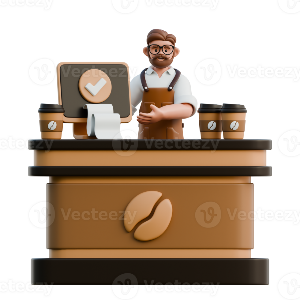 3D Barista Character Showing Receipt at Counter png