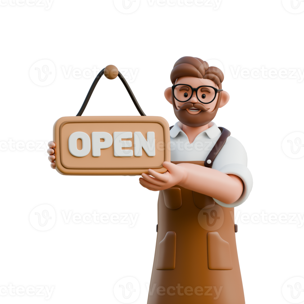 3D Store Owner Holding Open Sign png