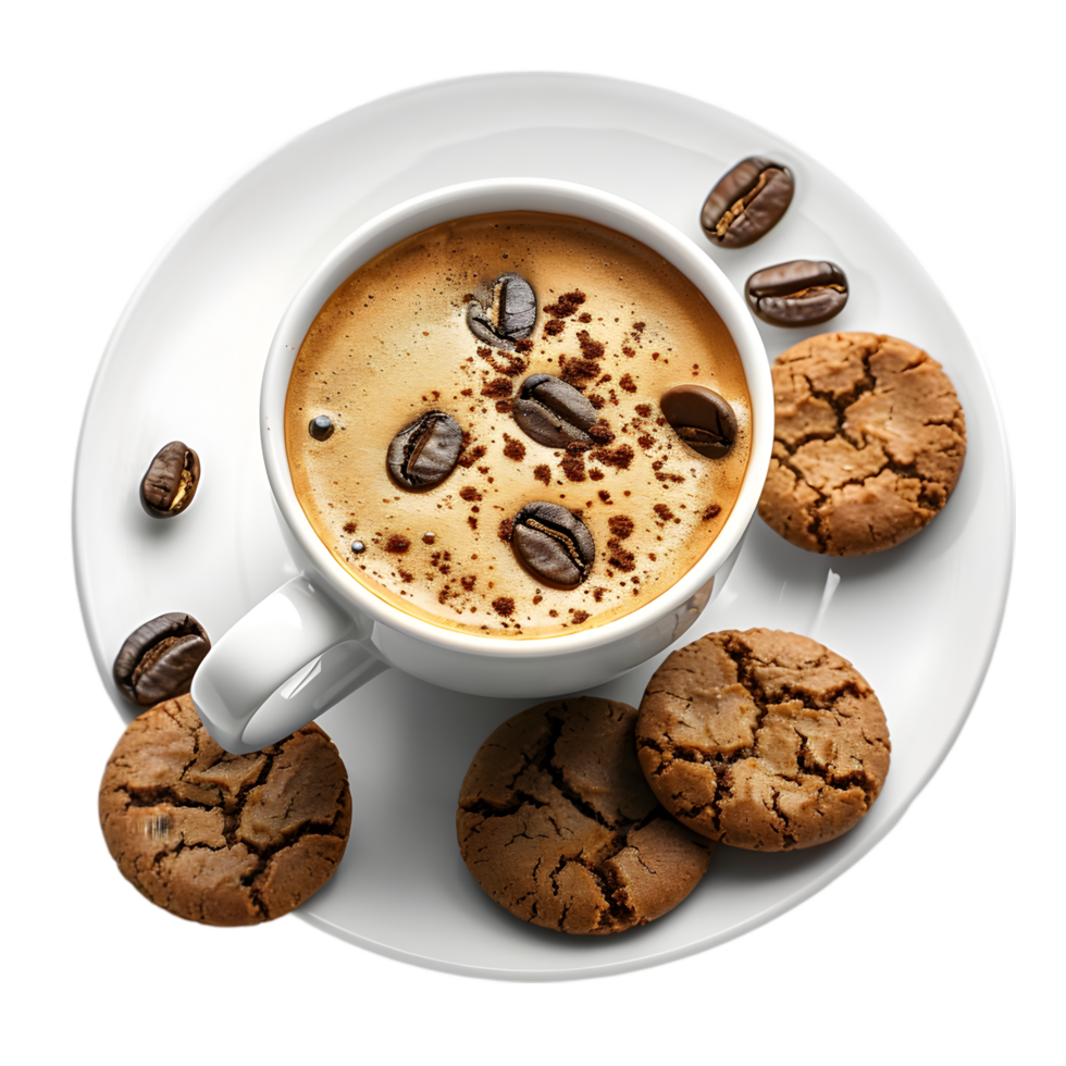 hot coffee and chocolate chip cookies arranged on a plate png