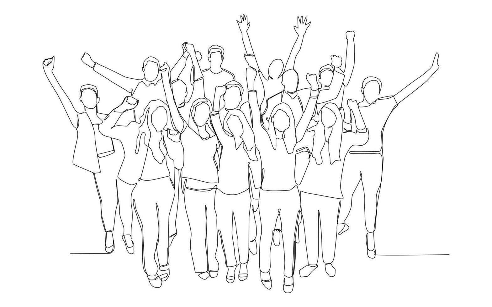 Continuous one line art of happy cheerful crowd of people. vector