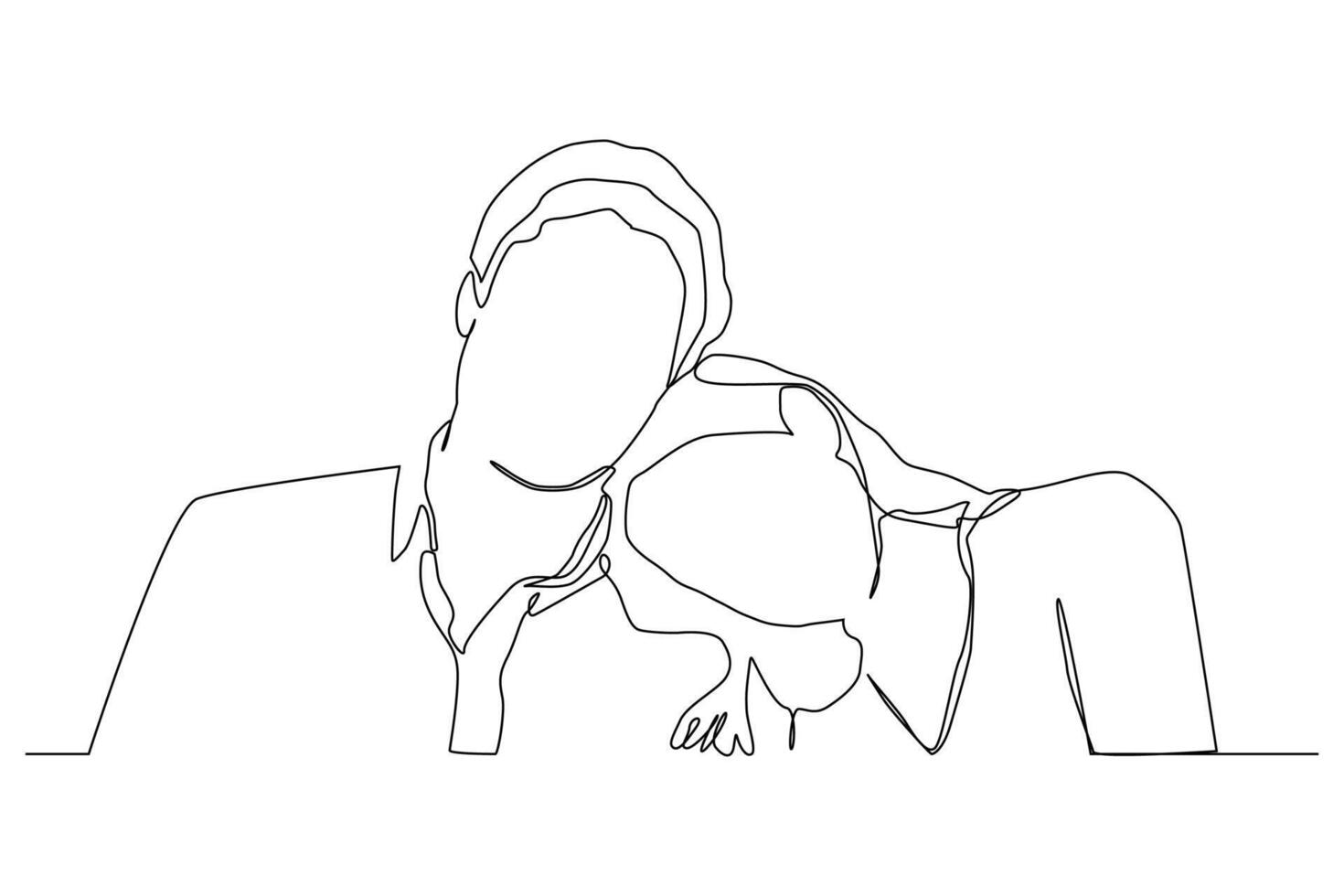 Continuous one line art of the woman lowered her head on the mans shoulder vector