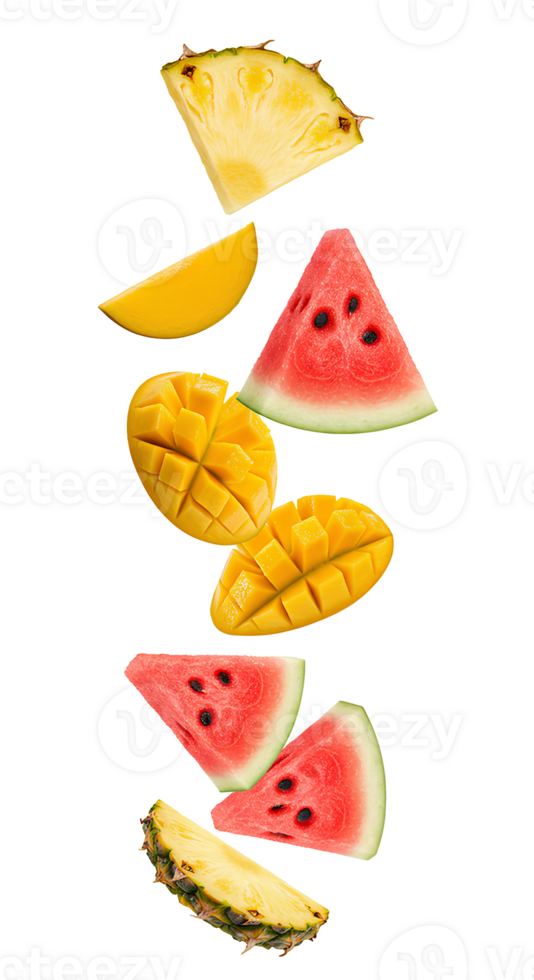 Tropical fruit slices of pineapple mango and watermelon falling with transparent background perfect for exotic summer designs and healthy food visuals png