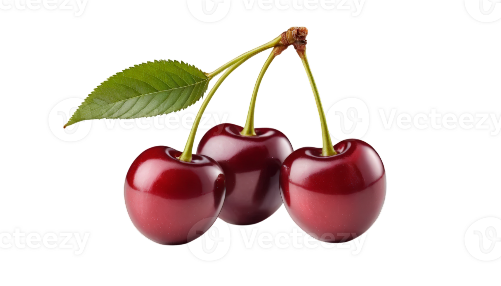 A trio of ripe red cherries with a green leaf, representing freshness and flavor. Ideal for food-related contexts, recipes, or nature themes. png