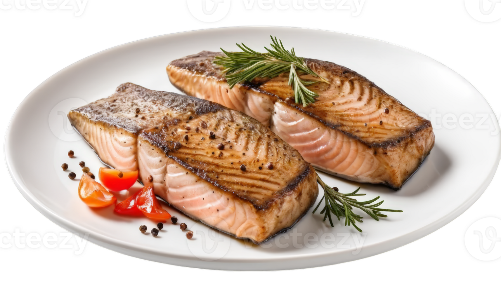 Two pieces of grilled salmon on a white plate, garnished with herbs. Ideal for culinary themes, healthy meals, or seafood recipes. png