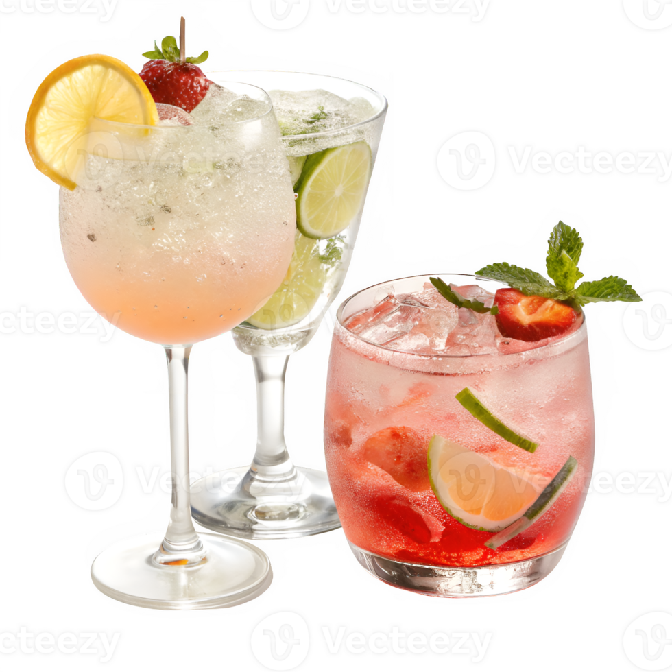 Three different types of drinks with strawberries and lemon slices png