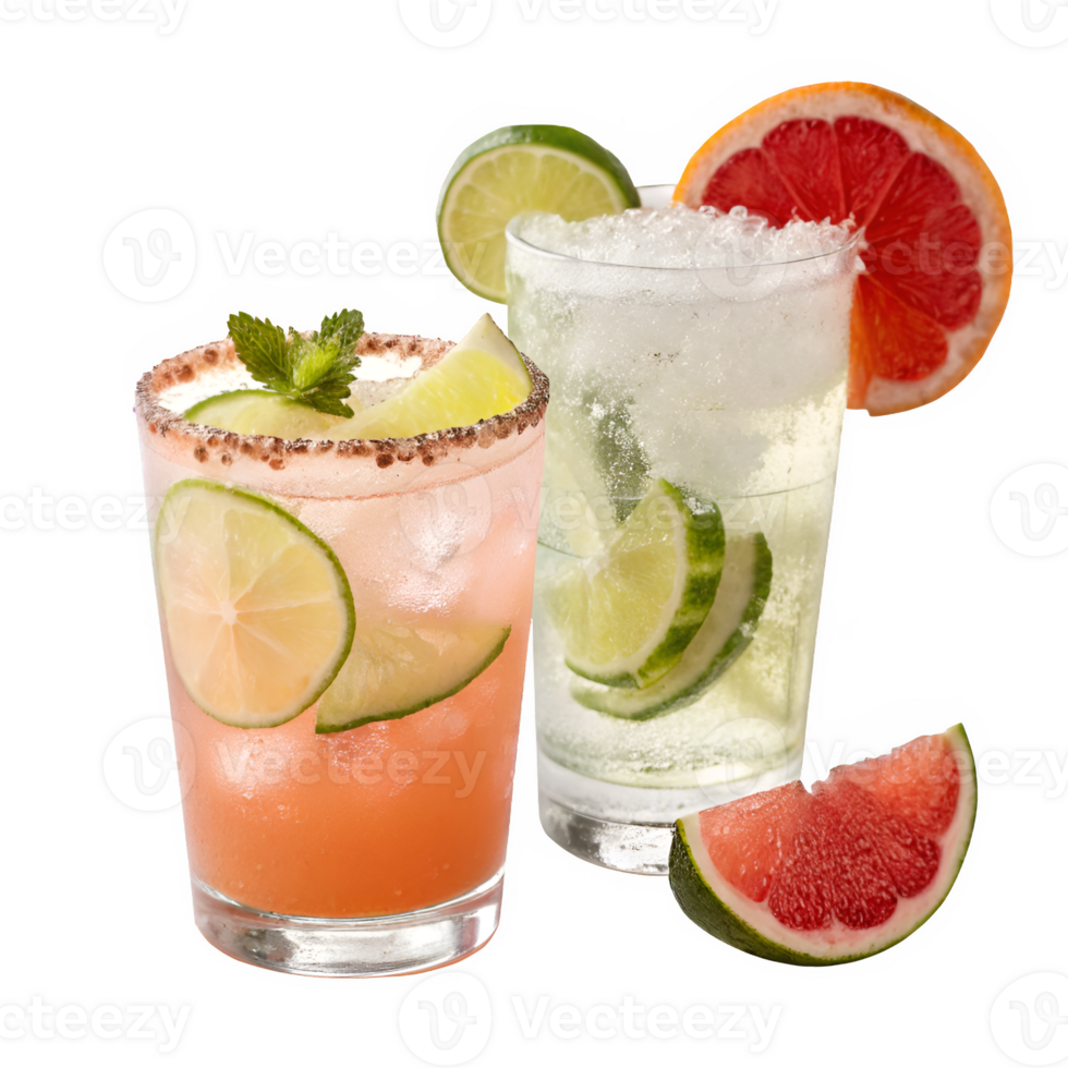 Two drinks with grapefruit and lime slices png