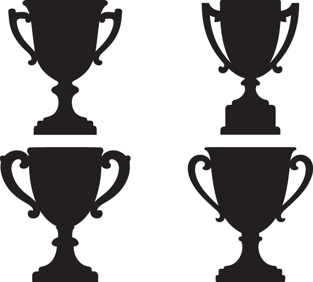 Set Of Trophy Cup, Solid Black Silhouette Isolated on White Background vector