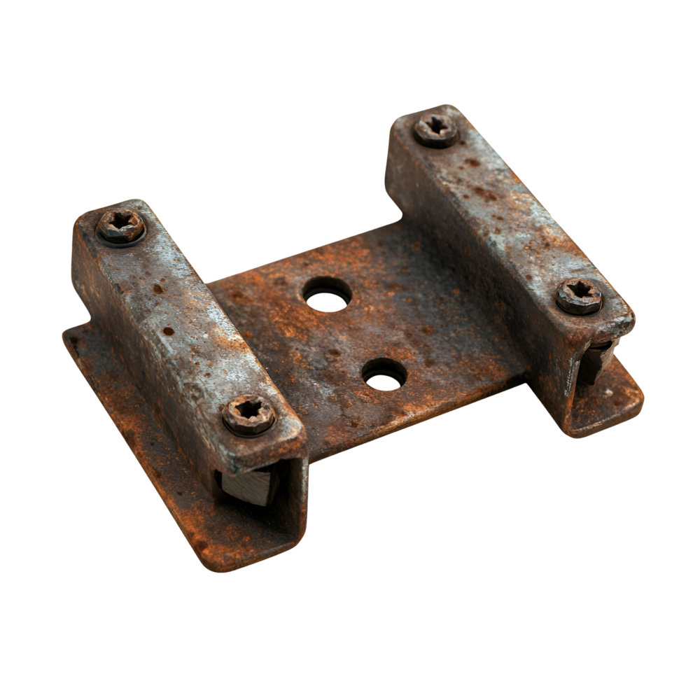 A rusty metal bracket with two holes on it png