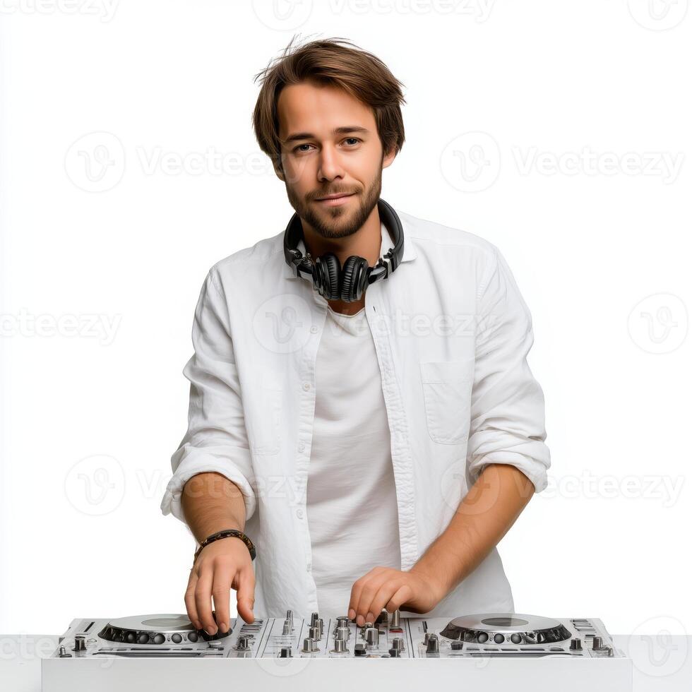 young DJ standing with headphones on listening to music and enjoying in white background photo