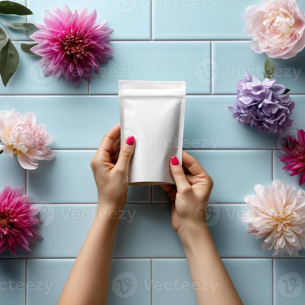 hands holding a huge white supplement bag with copy space photo