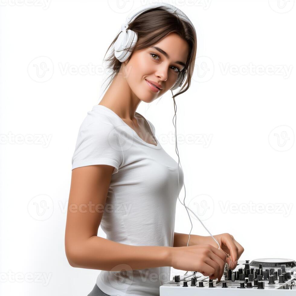 young DJ girl standing the console with headphones on listening to music and enjoying in white background photo