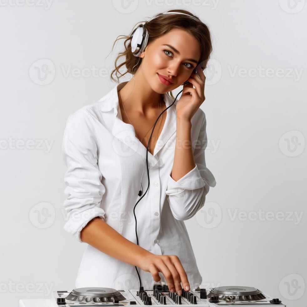 DJ girl standing the console with headphones on listening to music and enjoying in white background photo