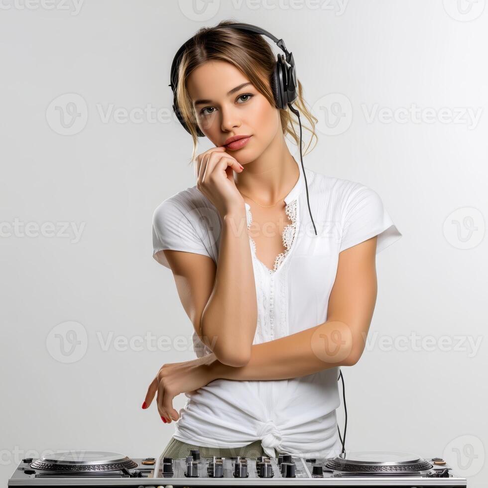 young DJ girl standing with headphones on listening to music and enjoying in white background photo