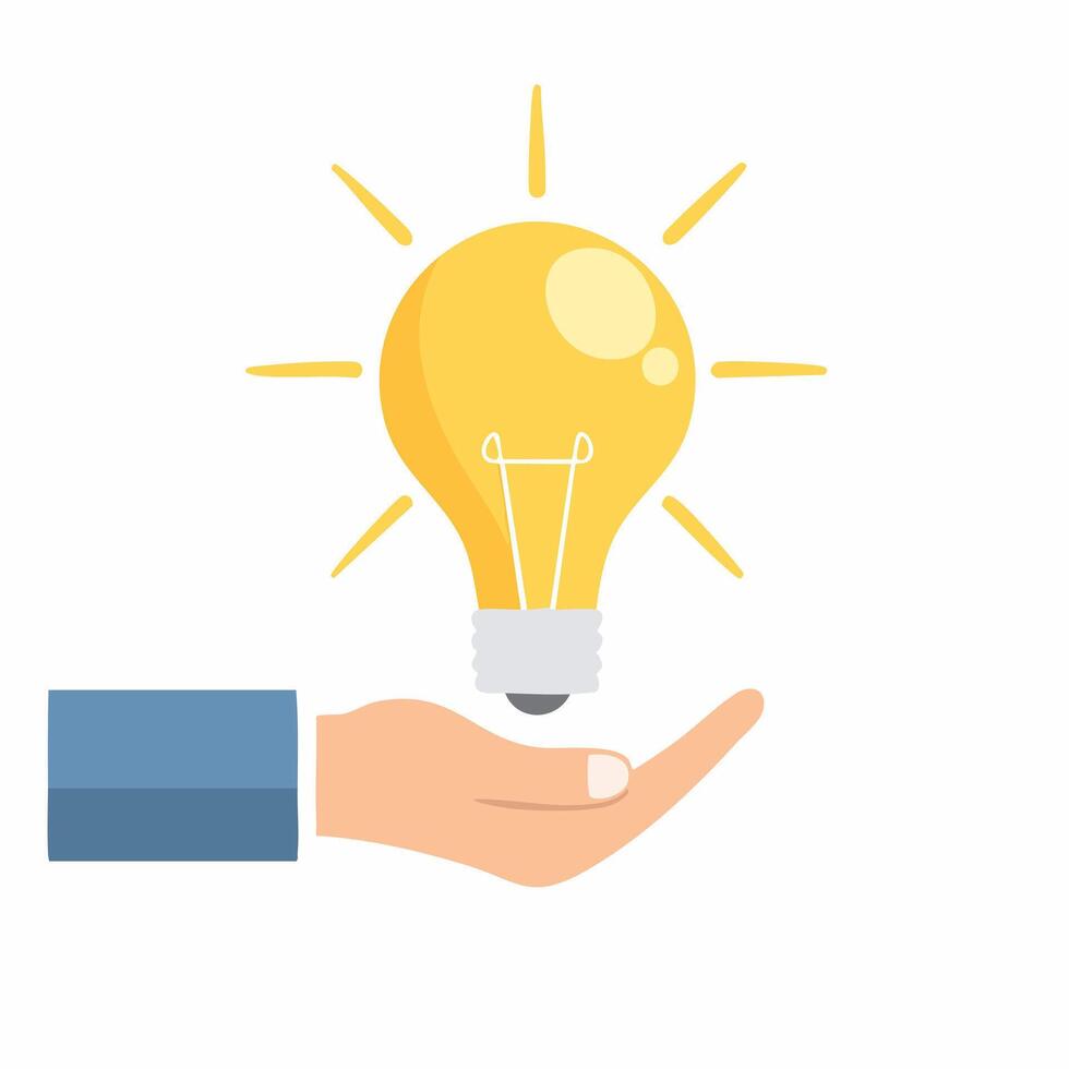 A creative concept shown through a light bulb held by a hand, representing smart thinking, innovation, and successful solutions. vector