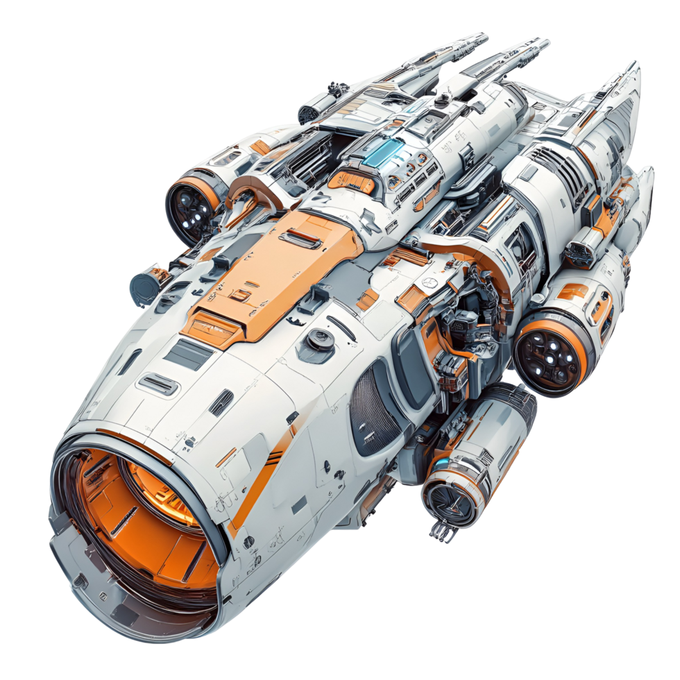 A futuristic spaceship with orange and white accents png