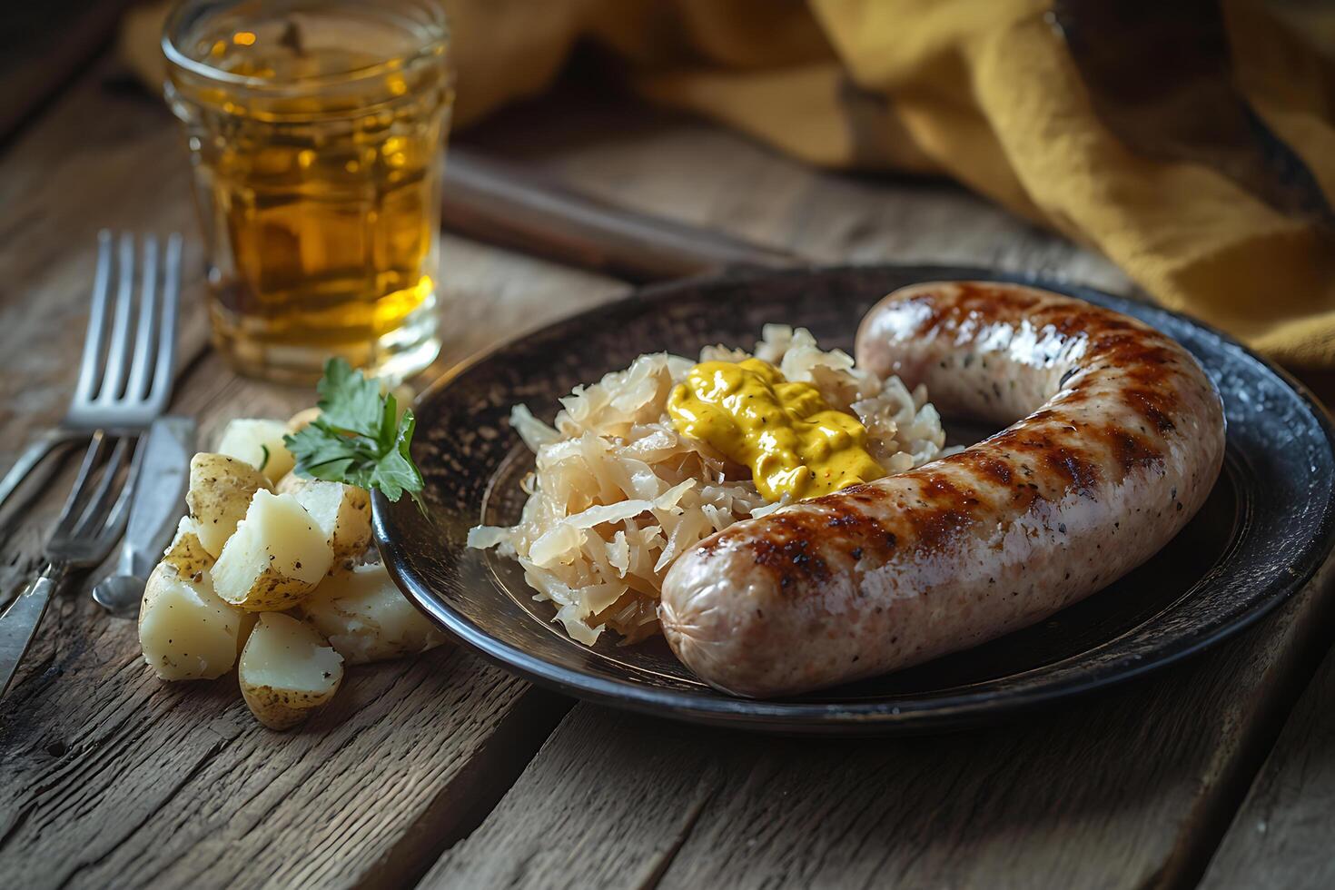 Traditional German Bratwurst with Sauerkraut and Potatoes photo