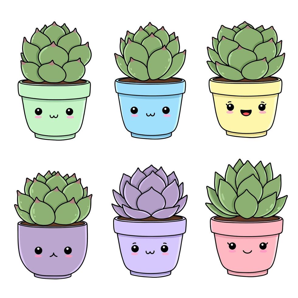 Cute Succulents with Kawaii Potted Plants, , and White. vector
