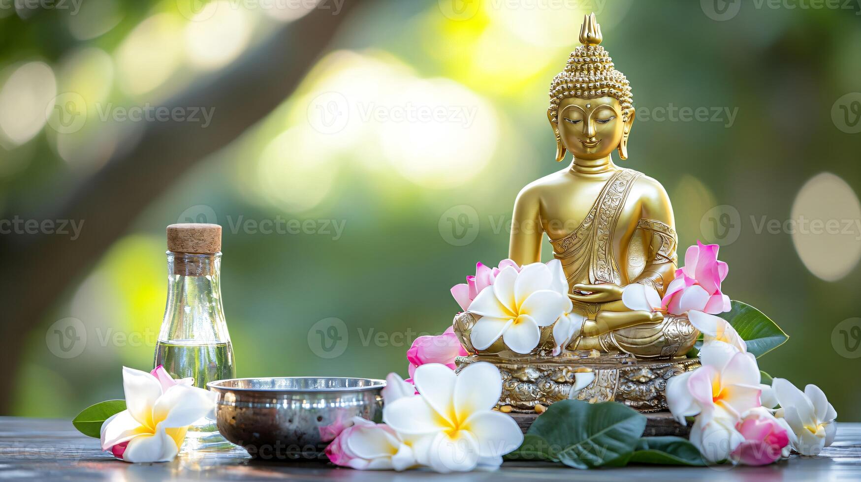 Golden Buddha statue in meditation and essential oils and white plumeria. Banner template with symbol of mindful relaxation and spiritual well-being, ideal for wellness content with space for text photo