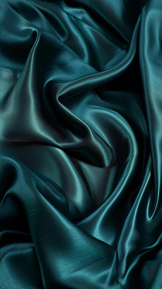 Vertical banner of draped fabric of green color. Beautiful emerald peach fuzz soft silk textile. Design for texture, background, and wallpaper. photo