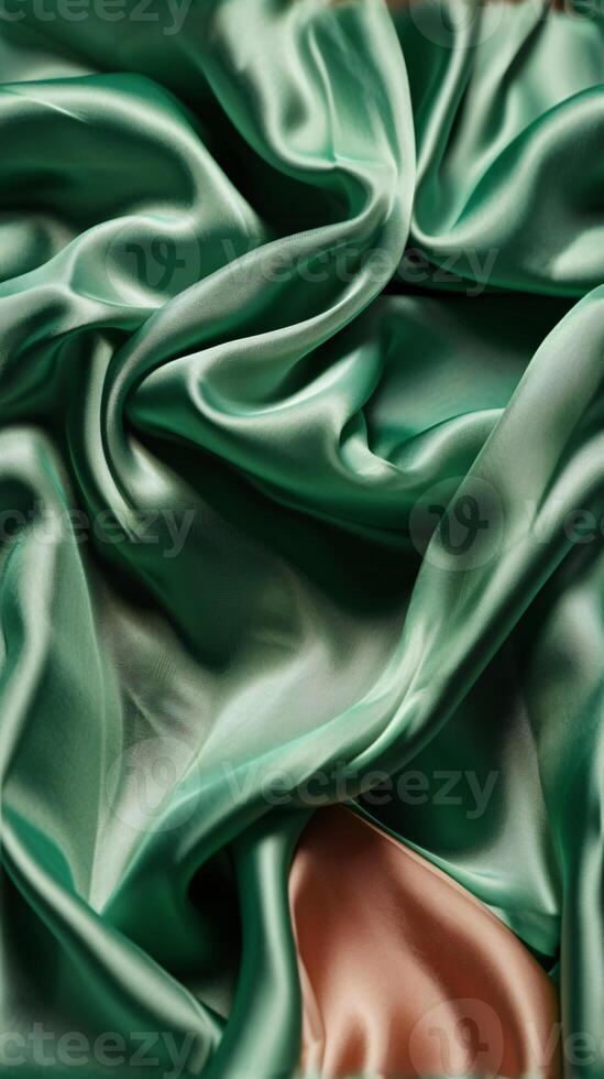 Vertical of draped fabric of green color. Beautiful emerald peach fuzz soft silk textile. Design for texture, background, and wallpaper. photo