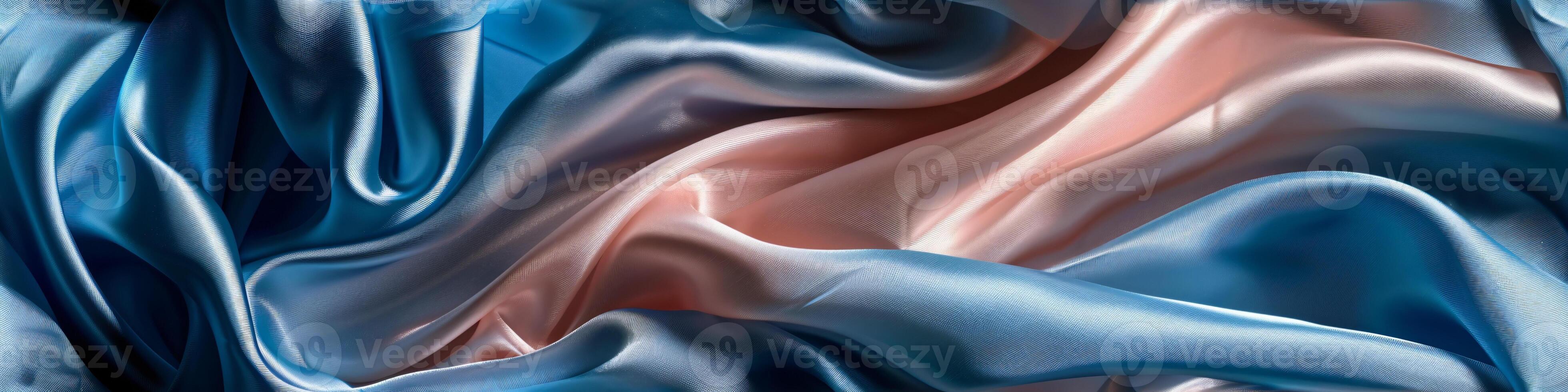 The banner texture of draped fabric of blue and peach color. Beautiful emerald soft silk textile. Design for texture, background, wallpaper. photo