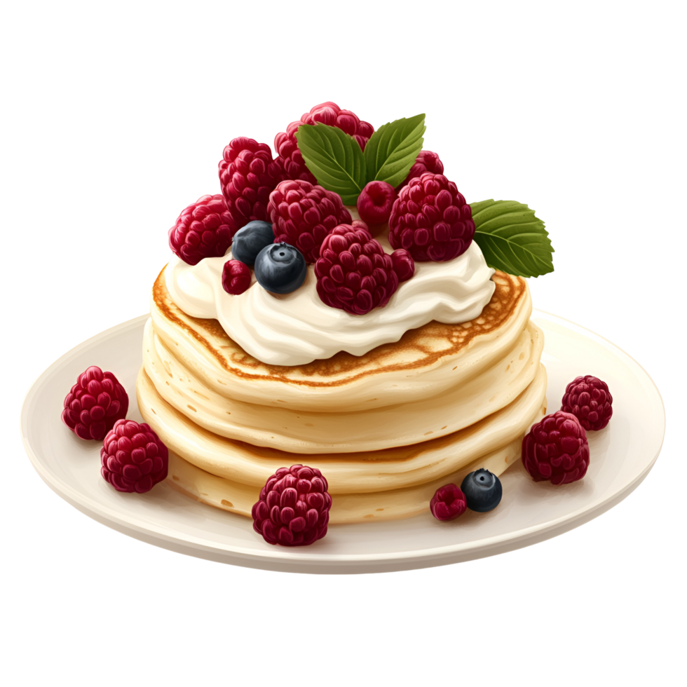 Pancakes with berries and whipped cream on a white plate png