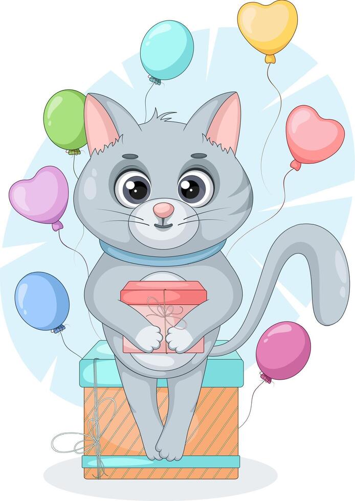 Cute cat with gift box and balloons. Birthday card illustration vector