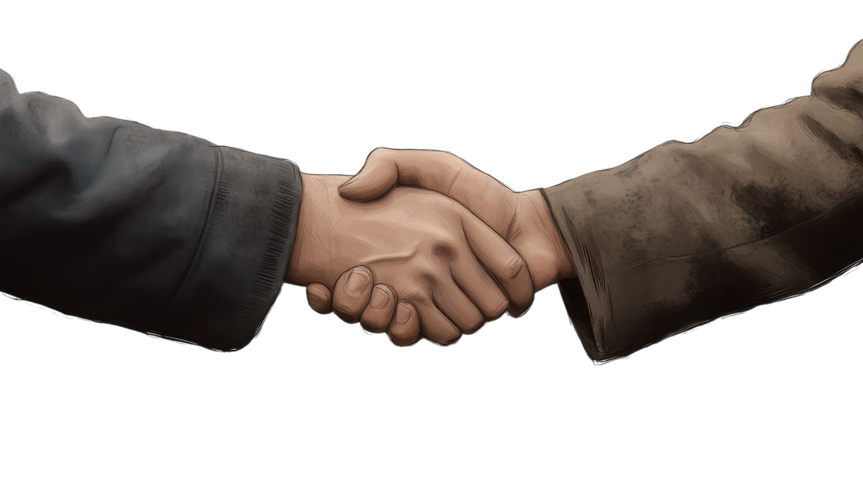 Two hands shaking, one wearing a dark suit, symbolizing a business agreement isolated on transparent background png