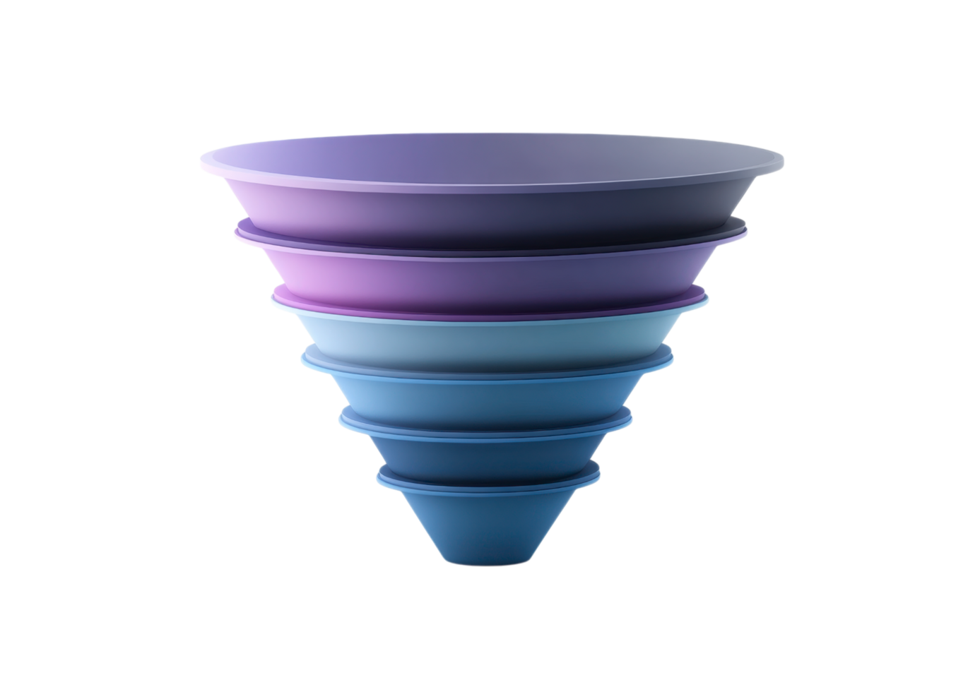 3D layered funnel infographic in shades of blue isolated on transparent background png
