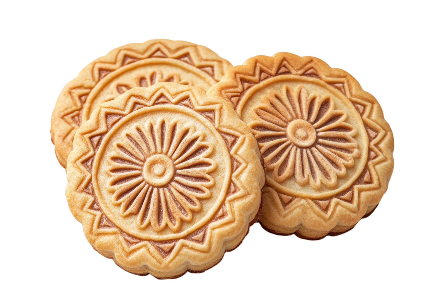 A pair of golden embossed sandwich cookies isolated on transparent background png