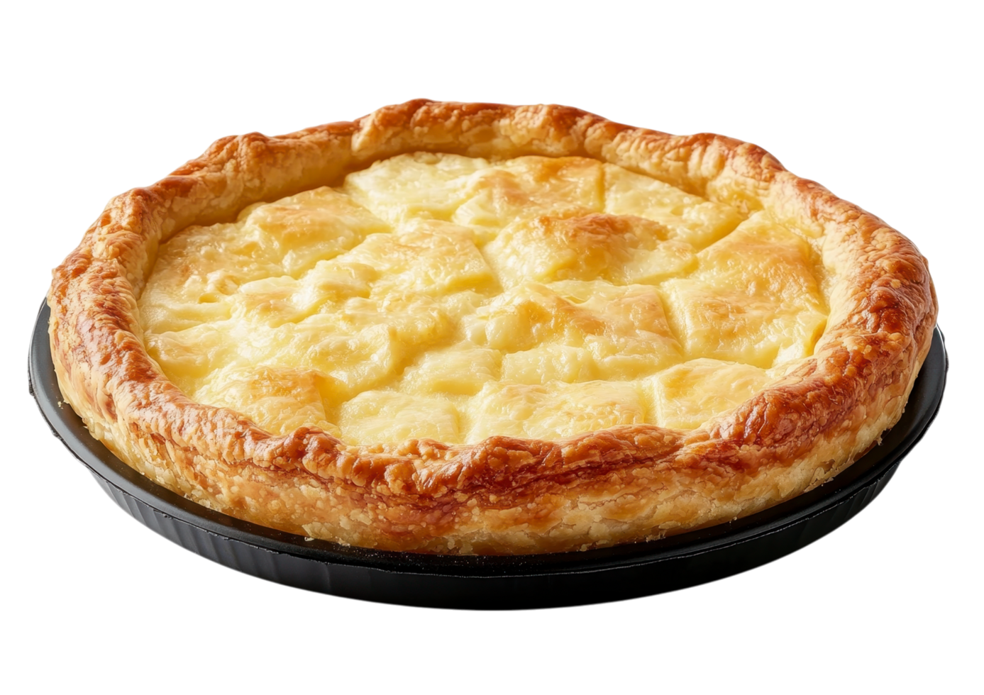 A golden cheese quiche with a flaky crust isolated on transparent background png