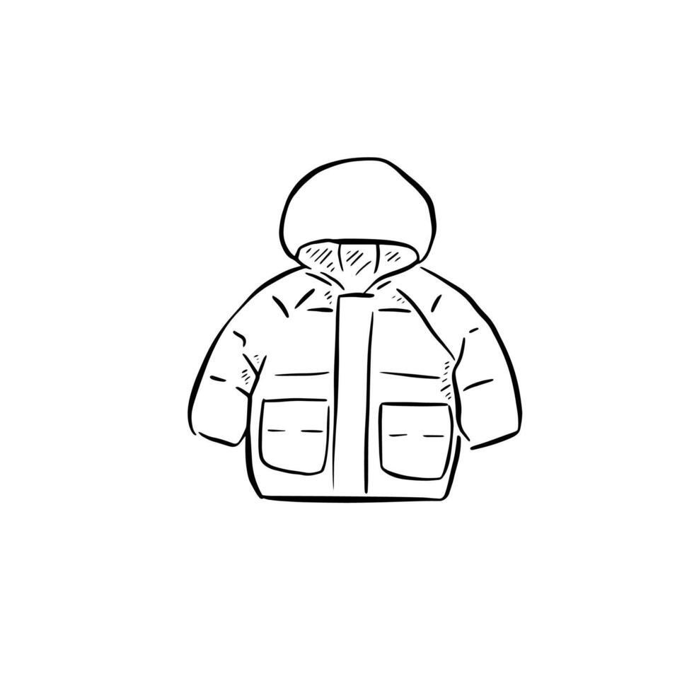 Toddler puffer jacket, coat for kids in black and white hand drawn. vector