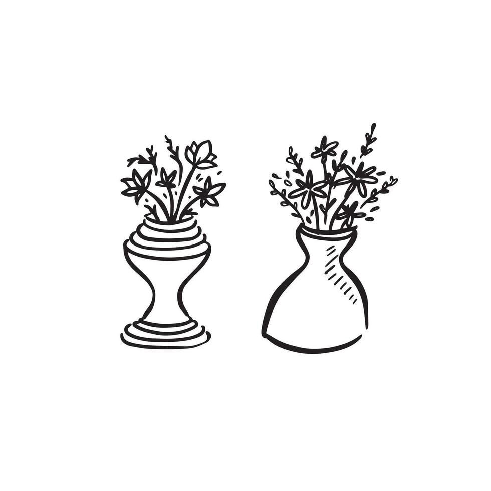 Two individual vectors or flowers in a vase in an illustrative style. Black and white line drawn by hand.