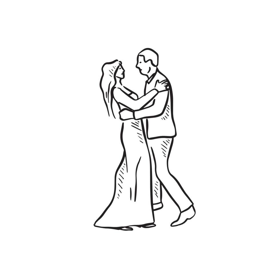 A line drawn married couple dancing on their wedding day. Sketch in black and white. vector