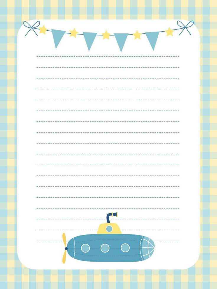 Notebook page template with garland with flags and submarine vector