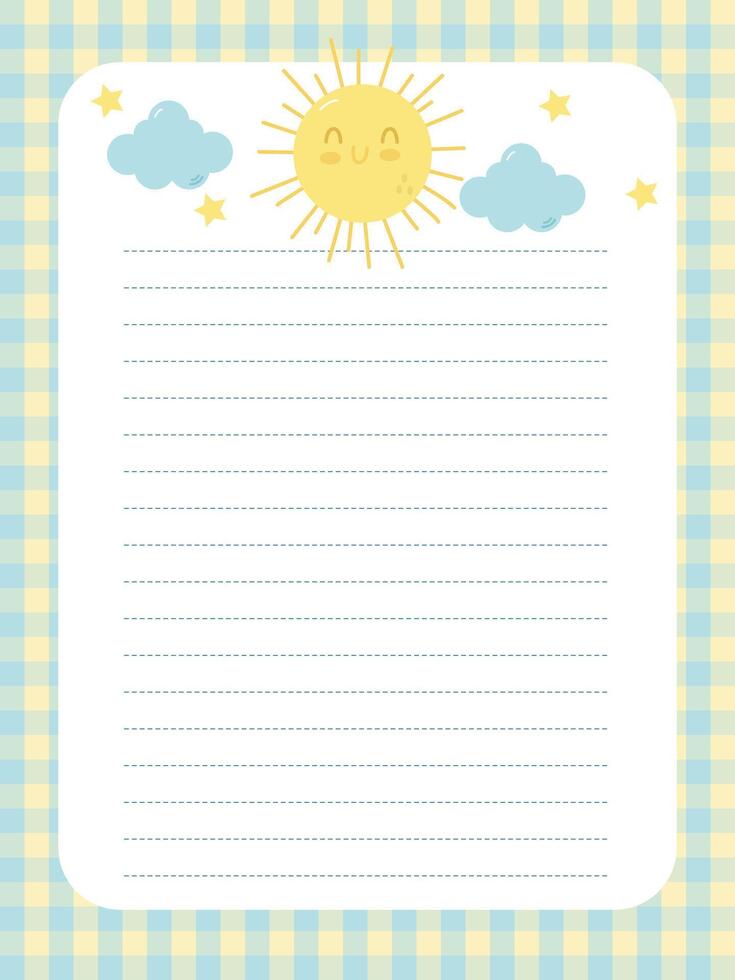 Diary page template with cute smiling sun, clouds and stars vector