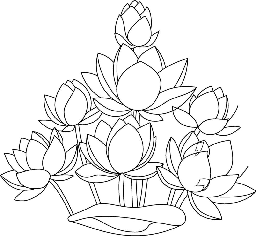 Beautiful Crowded Lotus Outline Drawing vector