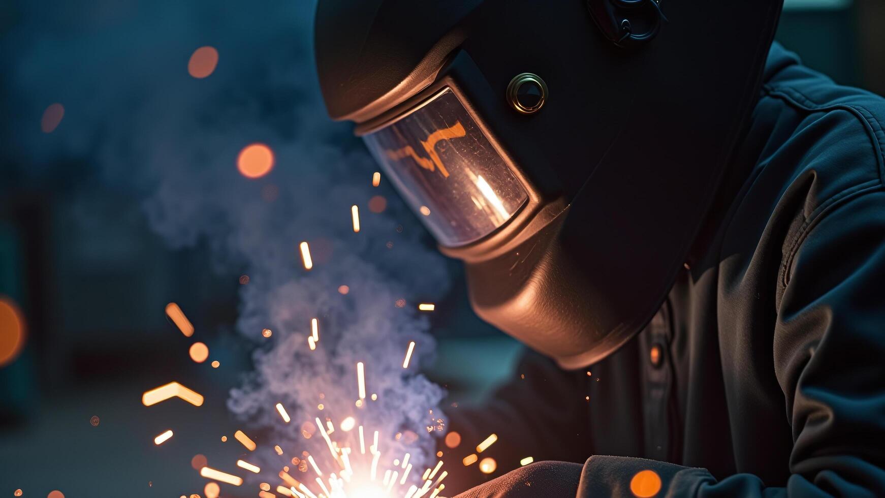 Welder with Helmet and Sparks photo