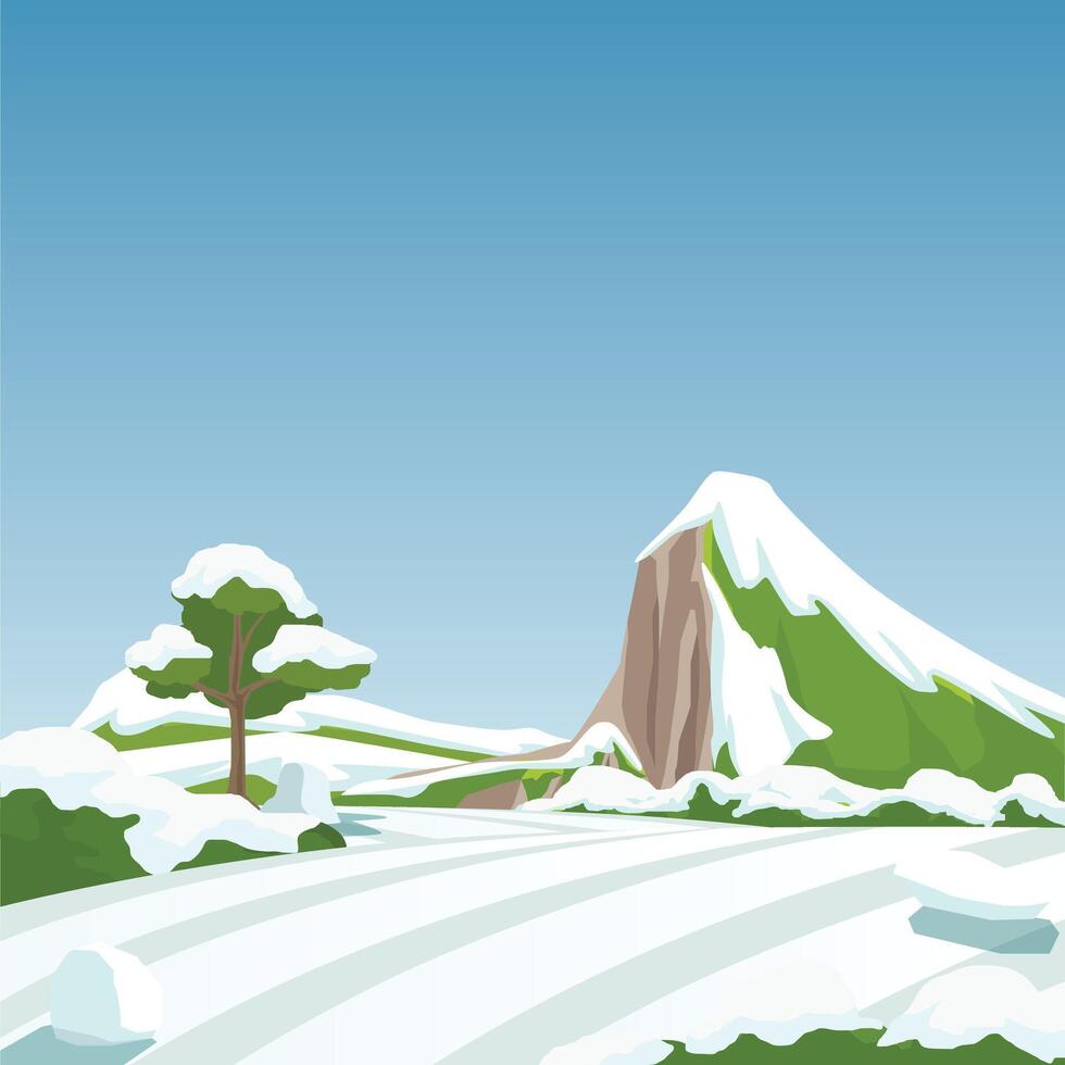 Snow season square sign or poster. undulating hills and rolling grasslands prominent trees. Tall mountains with cliffs under blue sky and white clouds. vector