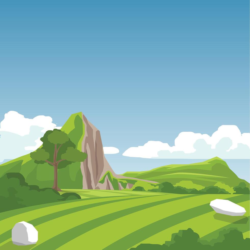 Banner or Poster square shape of Agricultu. Hills are undulating and crisscrossed with grassy terraces. Trees are prominent. high mountain with cliffs under blue sky and white clouds. vector