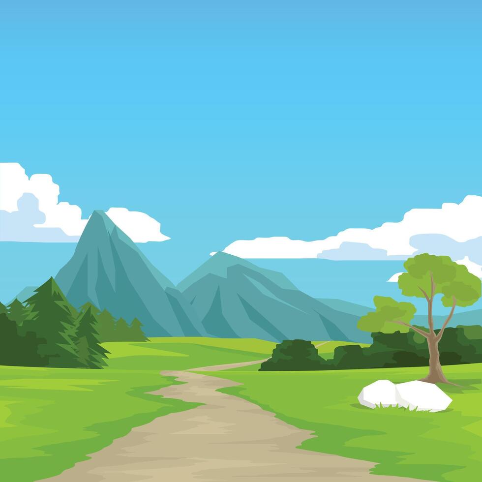 Road Trip Poster square shape. Winding dirt road. Through bright green landscape with hills trees. Empty space background of blue sky with white clouds. vector