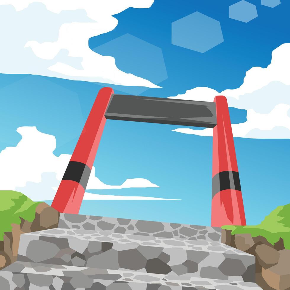 Square poster stone steps leading up to a red and gray archway under a bright blue sky with stylized white clouds. Scene suggests an entrance or a gateway. possibly in a park or scenic area. vector