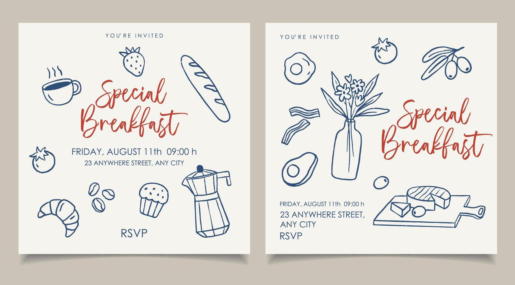 Breakfast hand draw invitation cards party set. Italian la dolce vita, crayon drawing style vector