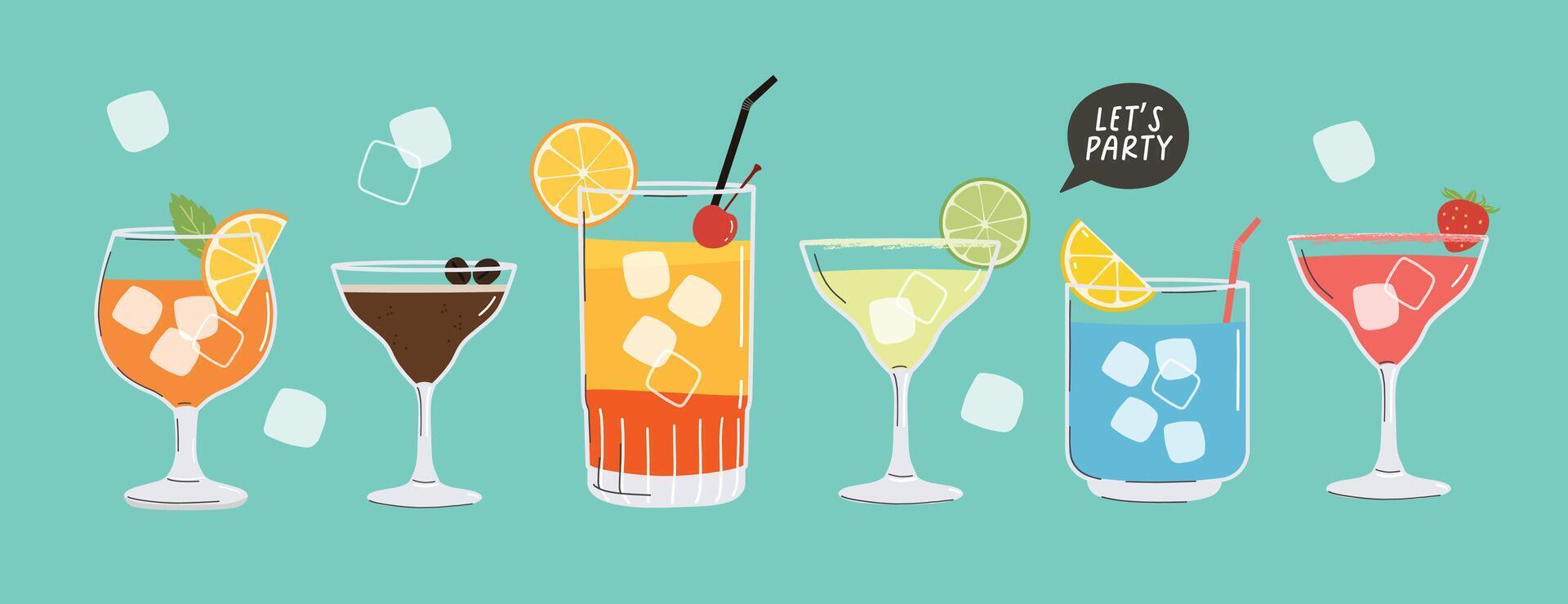 Summer cocktails set. Alcoholic drinks in different glasses. Cocktail menu illustration, banner vector