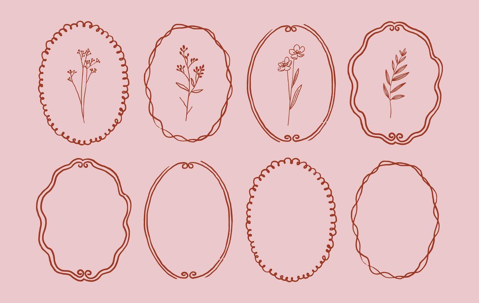 Hand drawn vintage frames set with plants. Crayons style whimsical. Modern trendy wall art vector