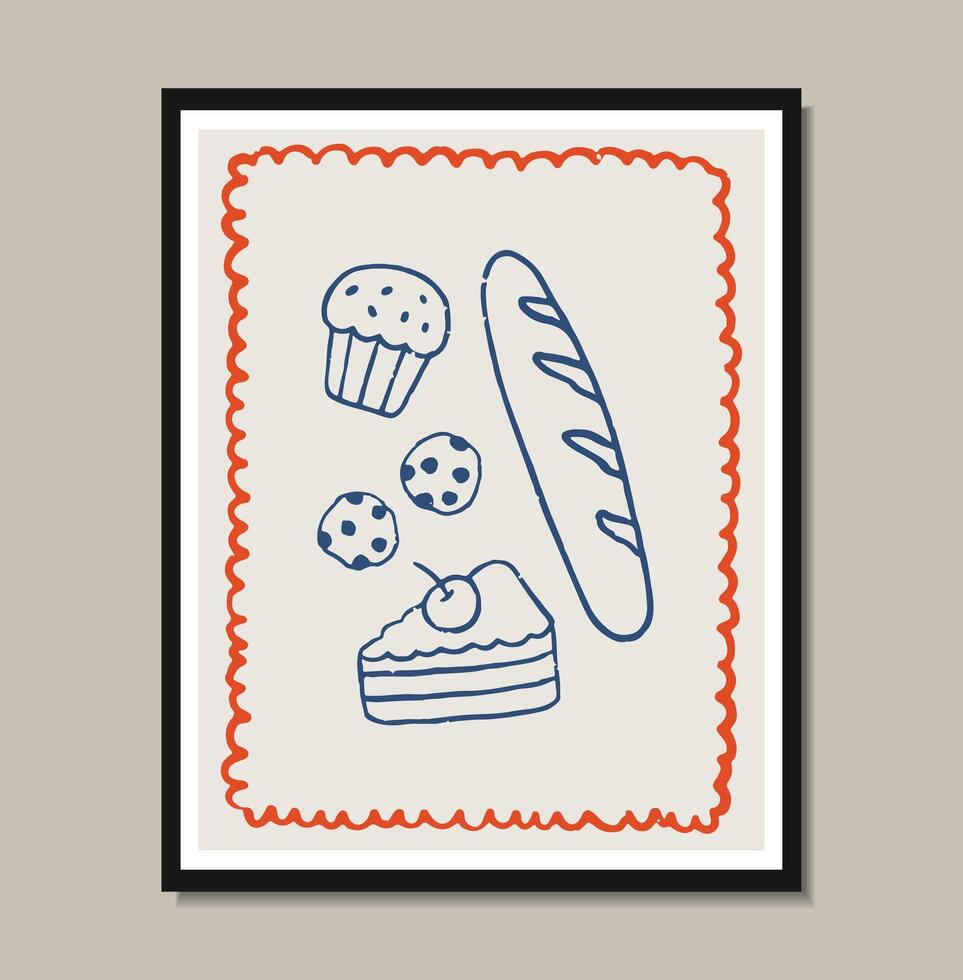 Breakfast doodles poster. illustration of croissant and bakery, crayon drawing style vector