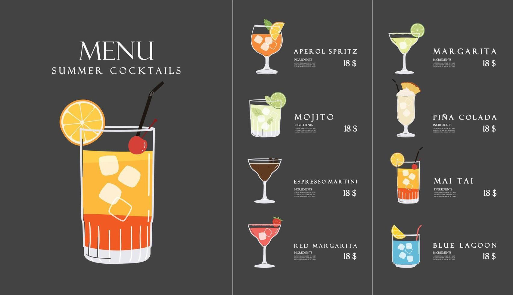 Summer restaurant cocktails menu design. Black minimalist style. Season beverage illustration vector