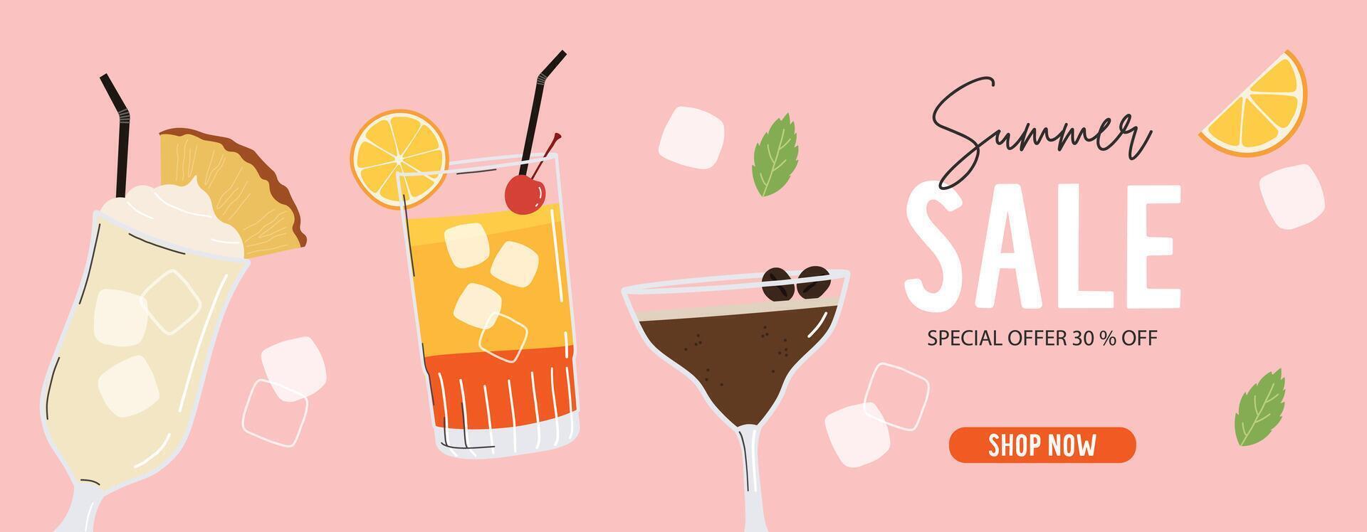 Summer Sale abstract background. Season banner with cocktails and citrus fruits Illustration vector
