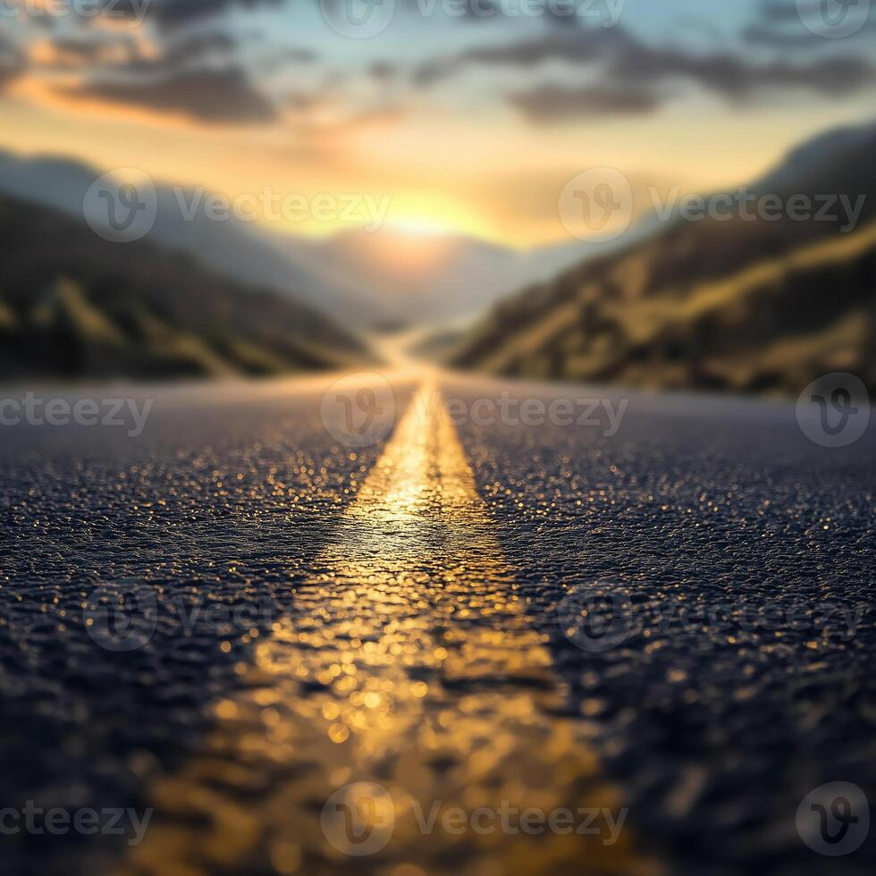 A close-up of a mountain road at sunset, with the asphalt reflecting golden light, leading into a serene valley with blurred hills and a dramatic sky, capturing the beauty of a tranquil journey. photo