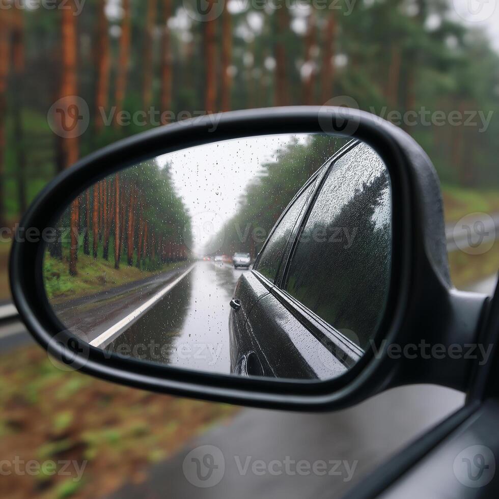 A close-up of a car's side mirror reflecting a rainy forest road with blurred trees and vehicles in the background, capturing a moody and serene atmosphere on a wet day. photo
